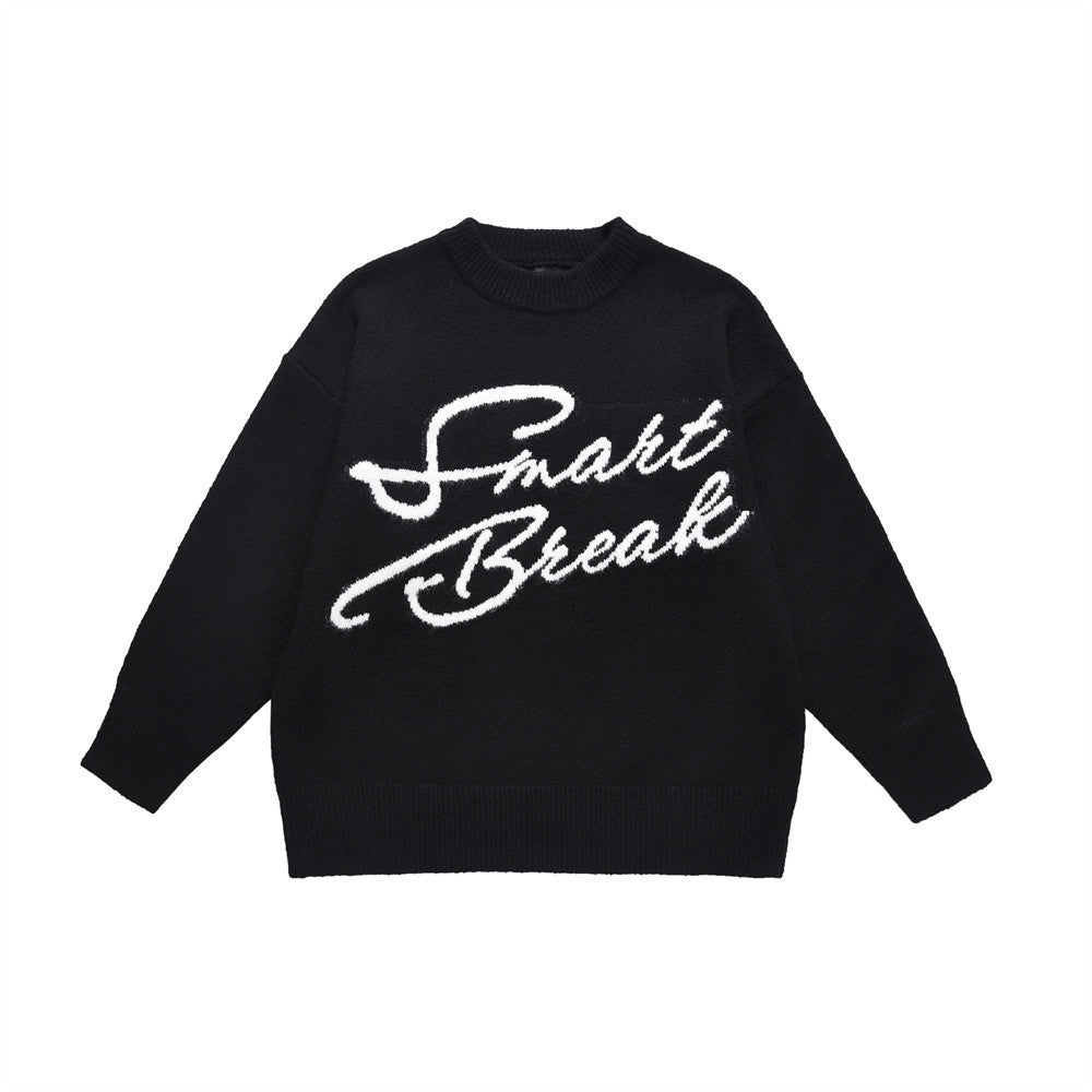 Autumn And Winter Embroidered Letter Crew Neck Sweater Fashion Brand Men's Clothing MarketPrint Black-XL